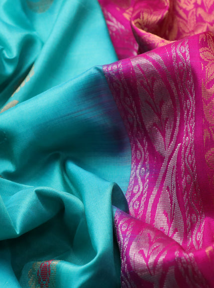 Pure uppada silk saree teal blue and pink with silver & gold zari woven floral buttas and zari woven border