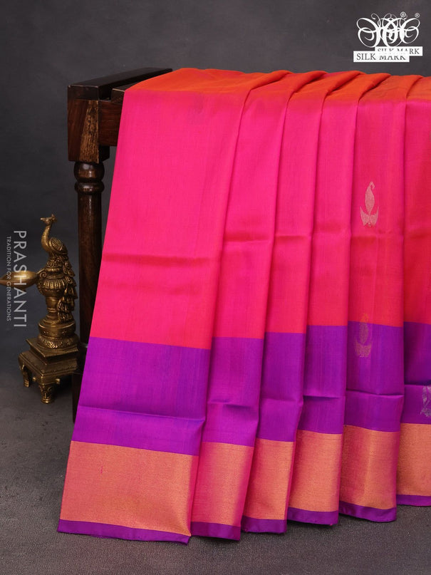 Pure uppada silk saree pink and purple with silver & gold zari woven buttas and zari woven border