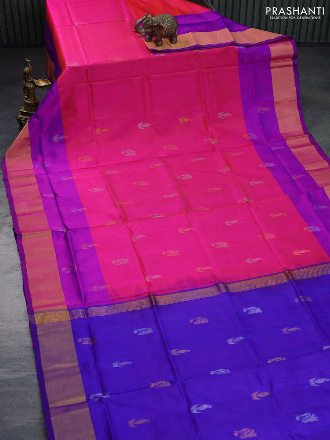 Pure uppada silk saree pink and purple with silver & gold zari woven buttas and zari woven border