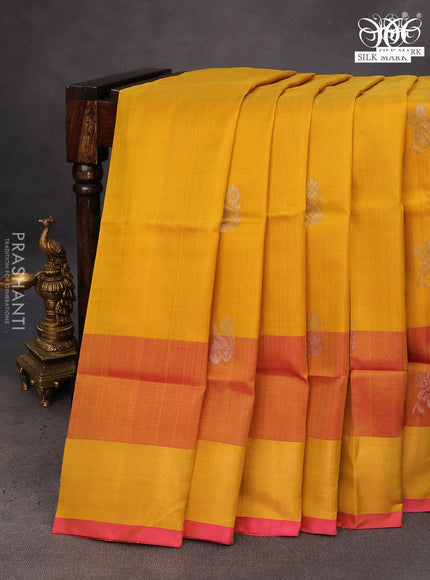 Pure uppada silk saree mustard yellow and pink with silver zari woven buttas and zari woven border