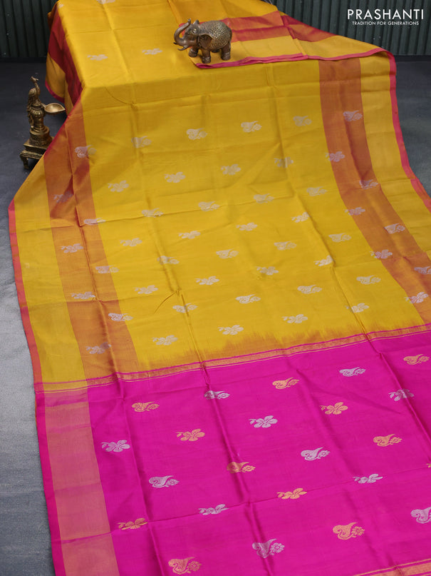 Pure uppada silk saree mustard yellow and pink with silver zari woven buttas and zari woven border