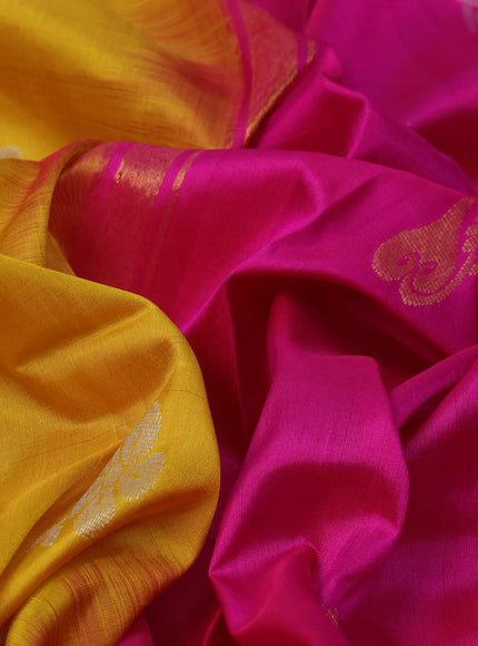 Pure uppada silk saree mustard yellow and pink with silver zari woven buttas and zari woven border