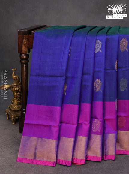 Pure uppada silk saree dual shade of bluish green and pink with silver & gold zari woven buttas and zari woven border