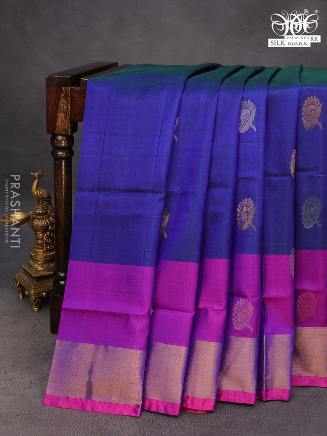 Pure uppada silk saree dual shade of bluish green and pink with silver & gold zari woven buttas and zari woven border