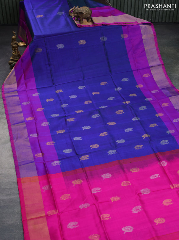 Pure uppada silk saree dual shade of bluish green and pink with silver & gold zari woven buttas and zari woven border