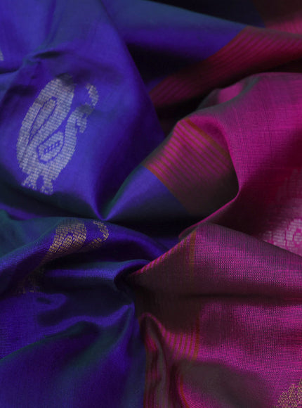 Pure uppada silk saree dual shade of bluish green and pink with silver & gold zari woven buttas and zari woven border