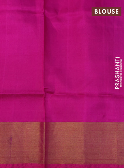 Pure uppada silk saree dual shade of bluish green and pink with silver & gold zari woven buttas and zari woven border