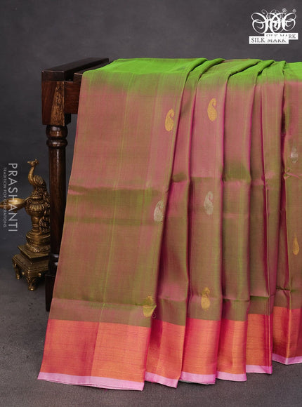 Pure uppada silk saree dual shade of greenish pink with silver & gold zari woven paisley buttas and zari woven border