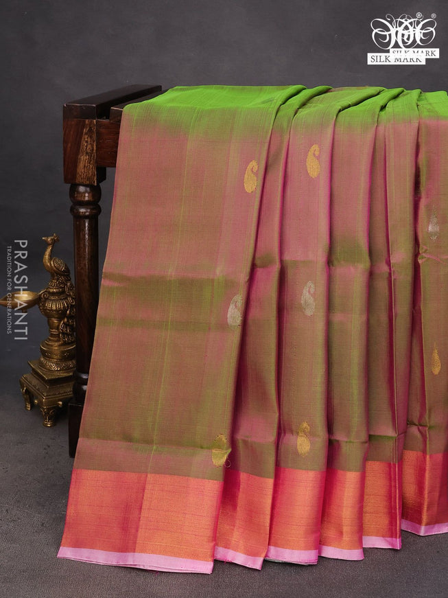 Pure uppada silk saree dual shade of greenish pink with silver & gold zari woven paisley buttas and zari woven border