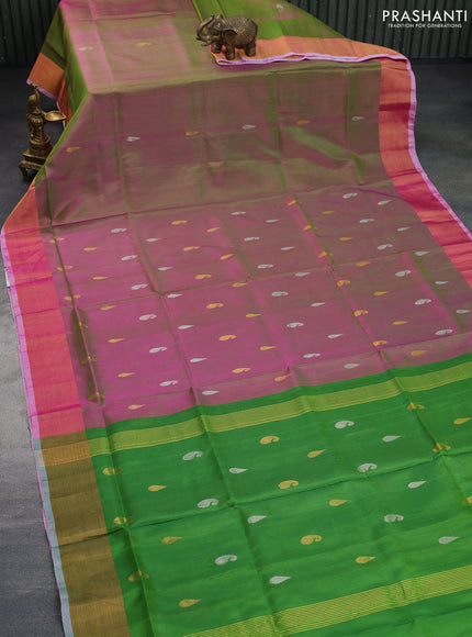 Pure uppada silk saree dual shade of greenish pink with silver & gold zari woven paisley buttas and zari woven border