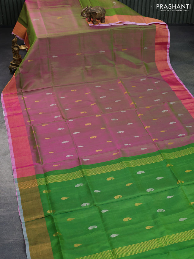 Pure uppada silk saree dual shade of greenish pink with silver & gold zari woven paisley buttas and zari woven border