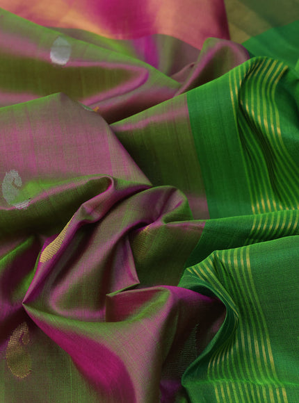 Pure uppada silk saree dual shade of greenish pink with silver & gold zari woven paisley buttas and zari woven border