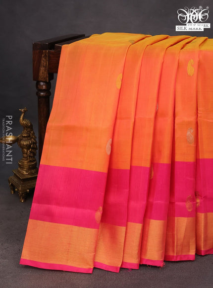 Pure uppada silk saree dual shade of orange and pink with silver & gold zari woven paisley buttas and zari woven border