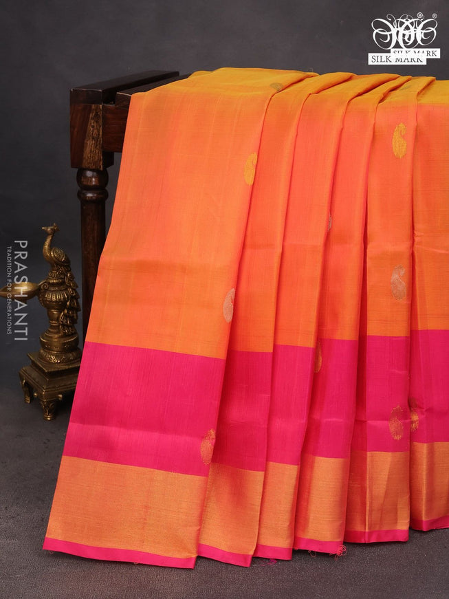 Pure uppada silk saree dual shade of orange and pink with silver & gold zari woven paisley buttas and zari woven border