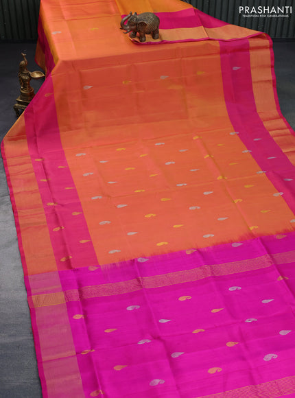 Pure uppada silk saree dual shade of orange and pink with silver & gold zari woven paisley buttas and zari woven border