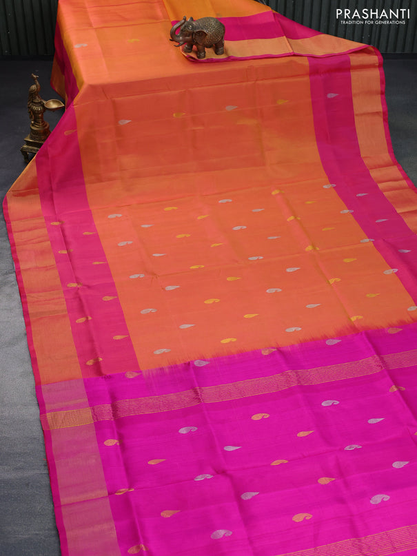 Pure uppada silk saree dual shade of orange and pink with silver & gold zari woven paisley buttas and zari woven border