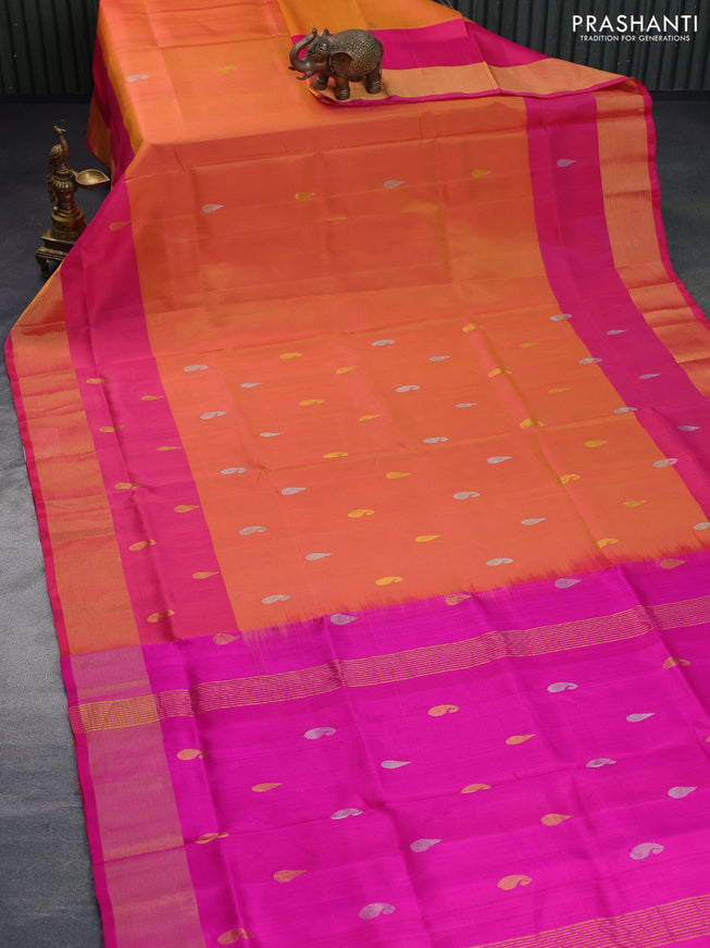 Pure uppada silk saree dual shade of orange and pink with silver & gold zari woven paisley buttas and zari woven border