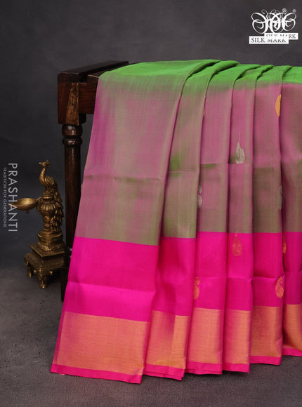 Pure uppada silk saree dual shade of greenish pink and pink with silver & gold zari woven buttas and zari woven border