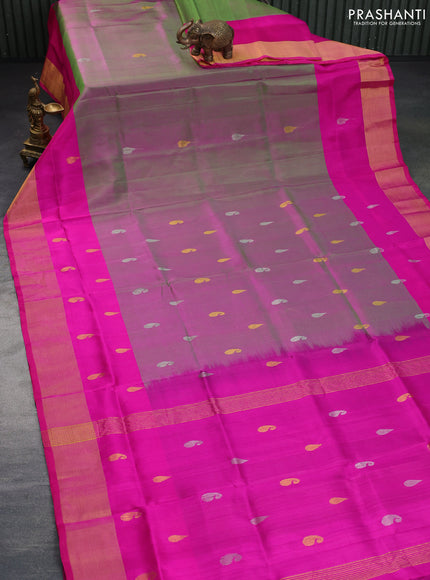 Pure uppada silk saree dual shade of greenish pink and pink with silver & gold zari woven buttas and zari woven border