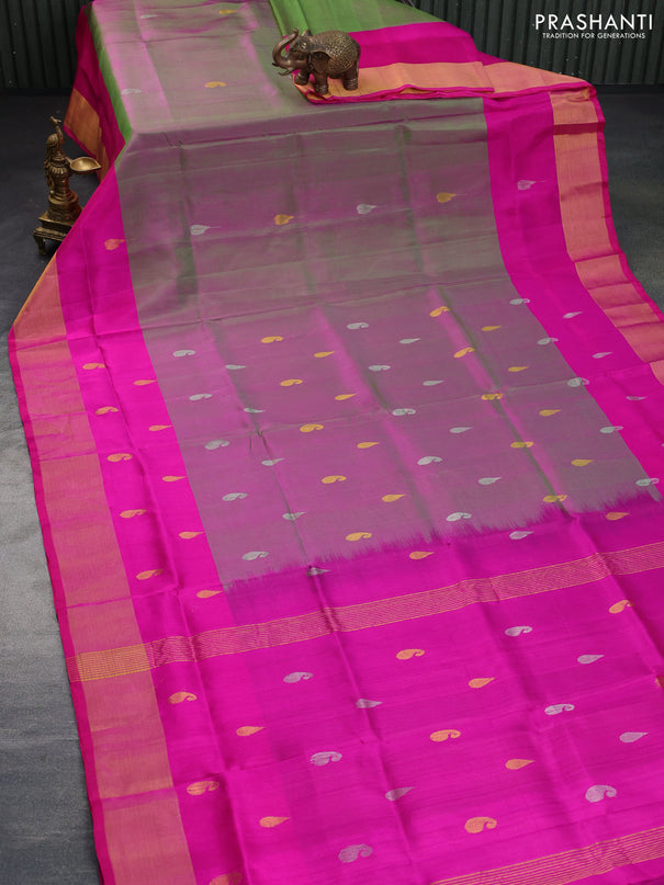 Pure uppada silk saree dual shade of greenish pink and pink with silver & gold zari woven buttas and zari woven border