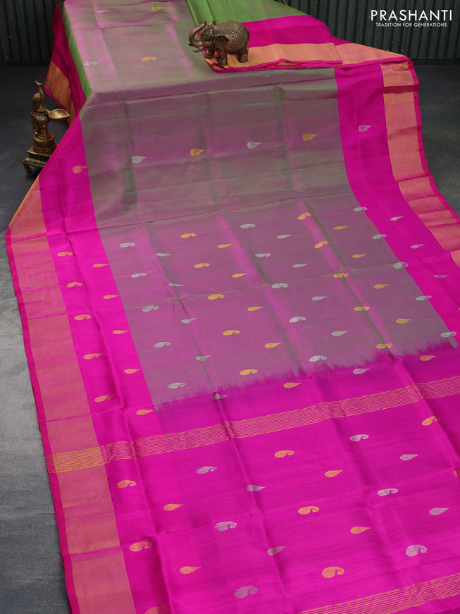 Pure uppada silk saree dual shade of greenish pink and pink with silver & gold zari woven buttas and zari woven border