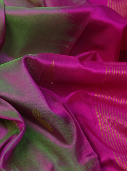 Pure uppada silk saree dual shade of greenish pink and pink with silver & gold zari woven buttas and zari woven border