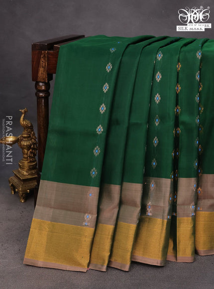 Pure uppada silk saree green and pastel peach with silver & gold zari woven buttas and zari woven border