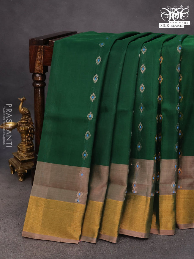 Pure uppada silk saree green and pastel peach with silver & gold zari woven buttas and zari woven border