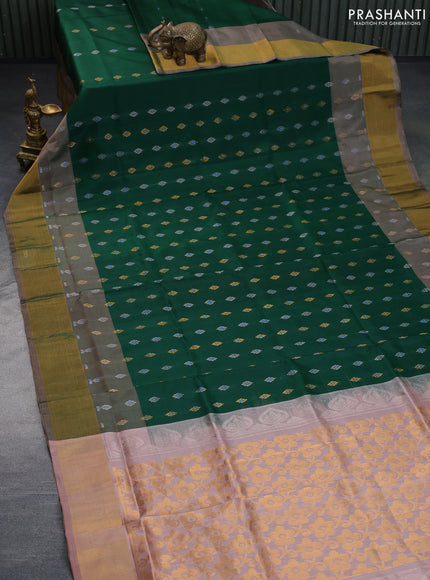 Pure uppada silk saree green and pastel peach with silver & gold zari woven buttas and zari woven border