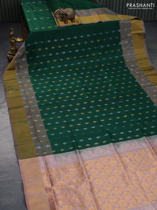 Pure uppada silk saree green and pastel peach with silver & gold zari woven buttas and zari woven border