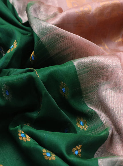 Pure uppada silk saree green and pastel peach with silver & gold zari woven buttas and zari woven border