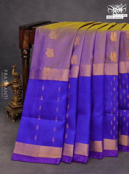 Pure uppada silk saree dual shade of bluish yellow and blue shade with allover zari woven buttas and long zari woven butta border