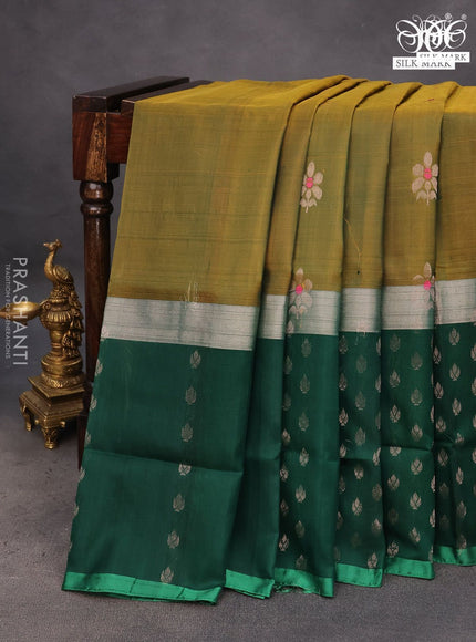 Pure uppada silk saree dual shade of greenish yellow and green with silver zari woven buttas and long silver zari woven butta border