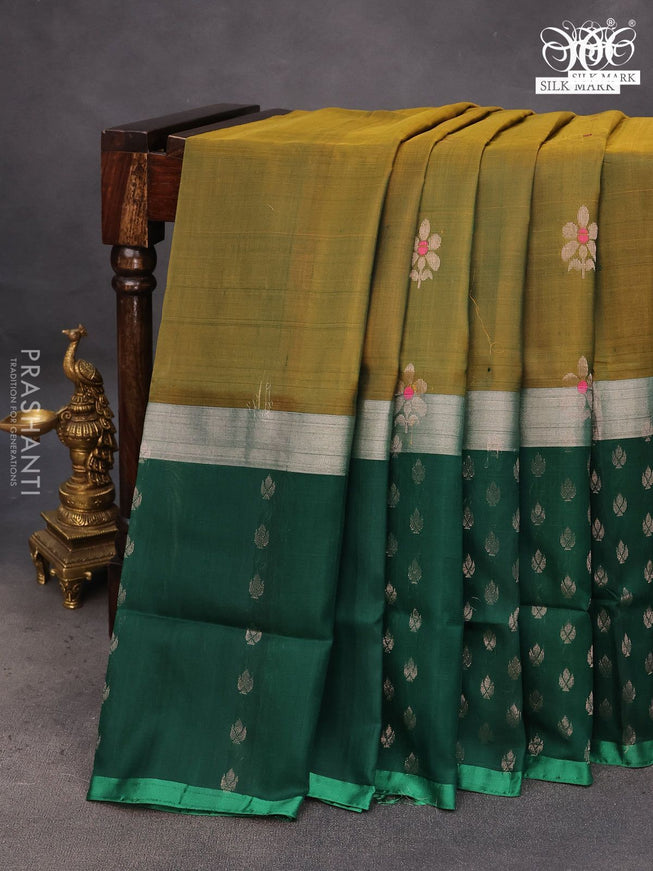 Pure uppada silk saree dual shade of greenish yellow and green with silver zari woven buttas and long silver zari woven butta border