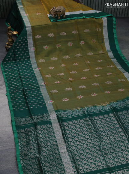 Pure uppada silk saree dual shade of greenish yellow and green with silver zari woven buttas and long silver zari woven butta border