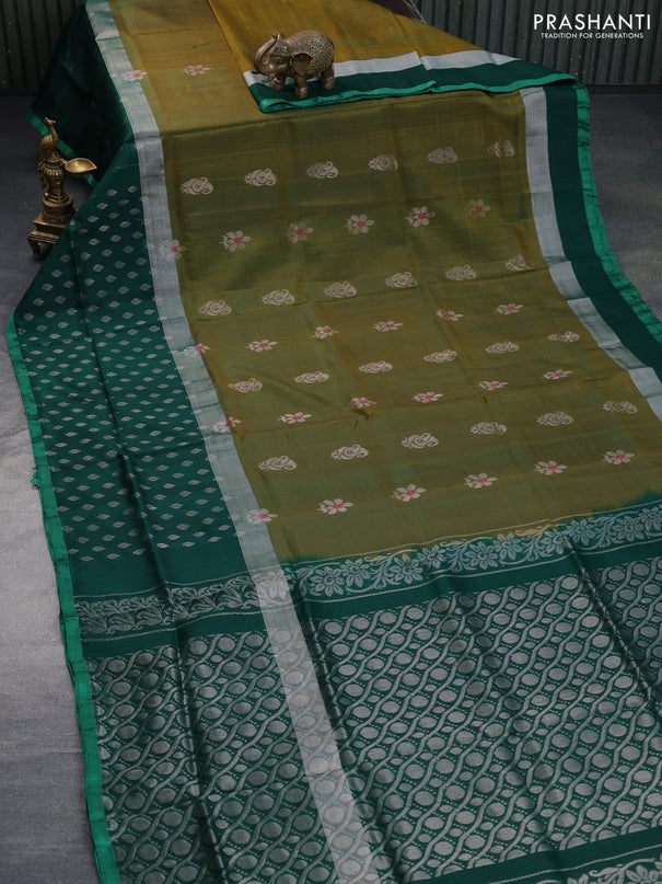 Pure uppada silk saree dual shade of greenish yellow and green with silver zari woven buttas and long silver zari woven butta border