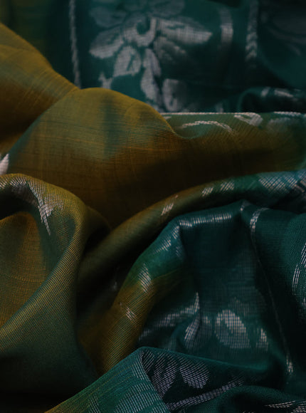 Pure uppada silk saree dual shade of greenish yellow and green with silver zari woven buttas and long silver zari woven butta border