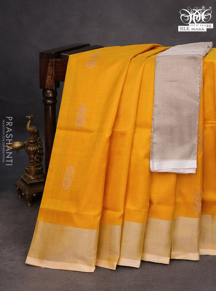 Pure uppada silk saree mustard yellow with silver zari woven buttas and silver zari woven border