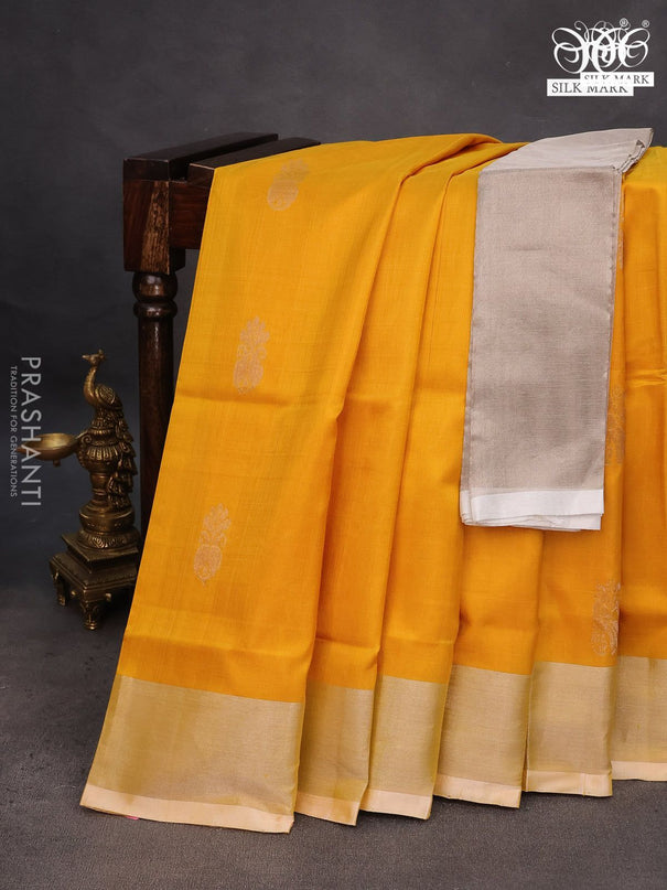 Pure uppada silk saree mustard yellow with silver zari woven buttas and silver zari woven border