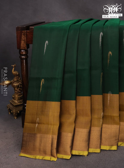 Pure uppada silk saree dark green and yellow with silver & gold zari woven muniya buttas and zari woven border