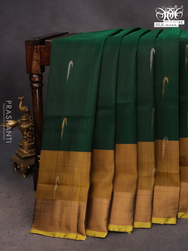 Pure uppada silk saree dark green and yellow with silver & gold zari woven muniya buttas and zari woven border