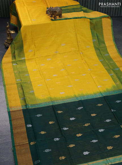 Pure uppada silk saree dark green and yellow with silver & gold zari woven muniya buttas and zari woven border