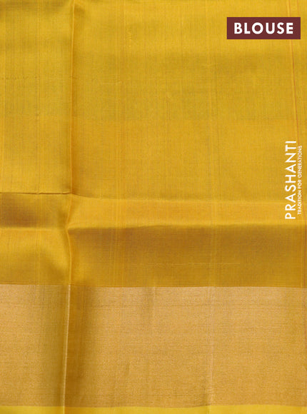 Pure uppada silk saree dark green and yellow with silver & gold zari woven muniya buttas and zari woven border