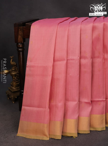 Pure uppada silk saree peach pink and mehendi green with zari woven buttas and zari woven border