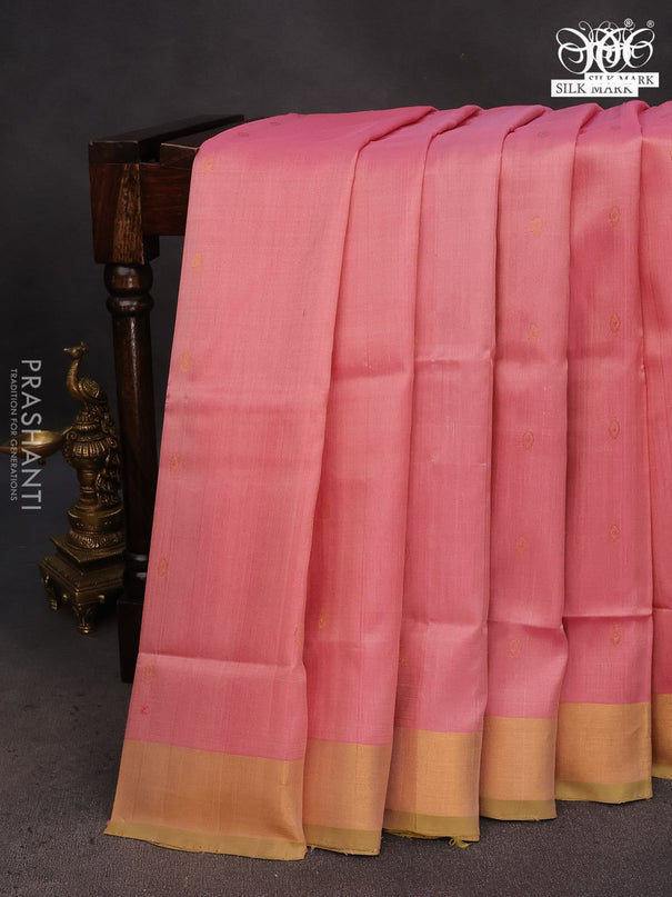 Pure uppada silk saree peach pink and mehendi green with zari woven buttas and zari woven border