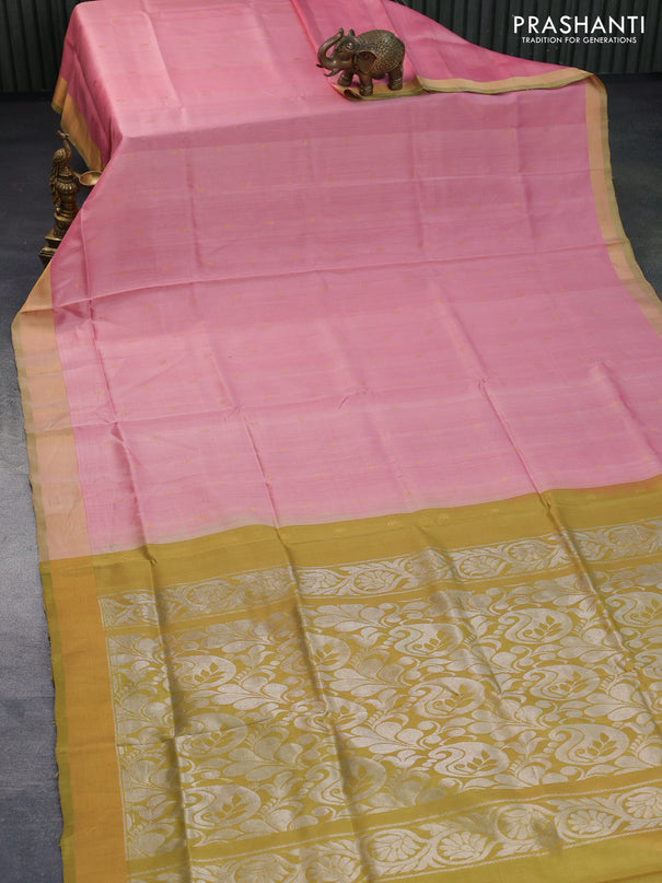 Pure uppada silk saree peach pink and mehendi green with zari woven buttas and zari woven border