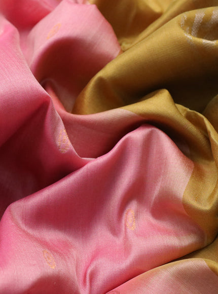 Pure uppada silk saree peach pink and mehendi green with zari woven buttas and zari woven border