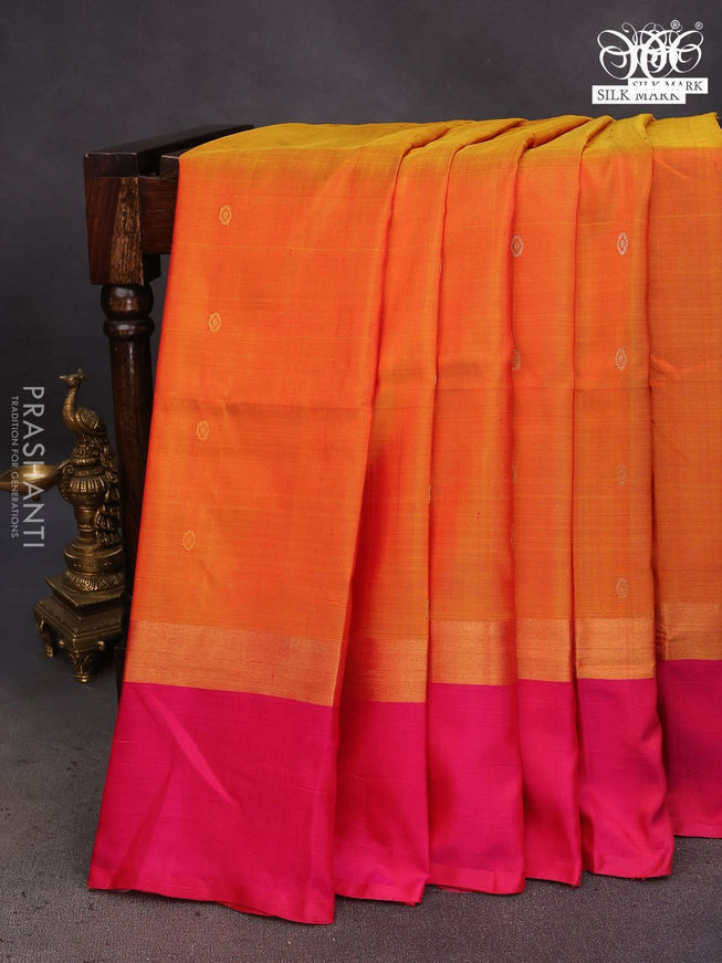 Pure uppada silk saree dual shade of mustard and pink with silver & gold zari woven buttas and zari woven simple border