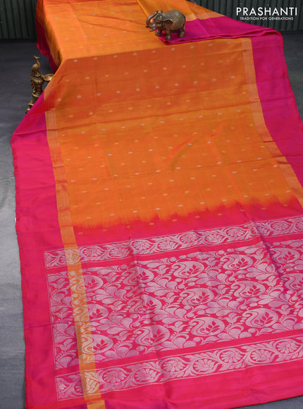 Pure uppada silk saree dual shade of mustard and pink with silver & gold zari woven buttas and zari woven simple border