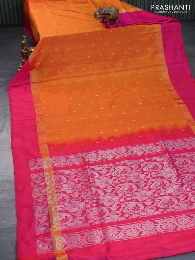 Pure uppada silk saree dual shade of mustard and pink with silver & gold zari woven buttas and zari woven simple border